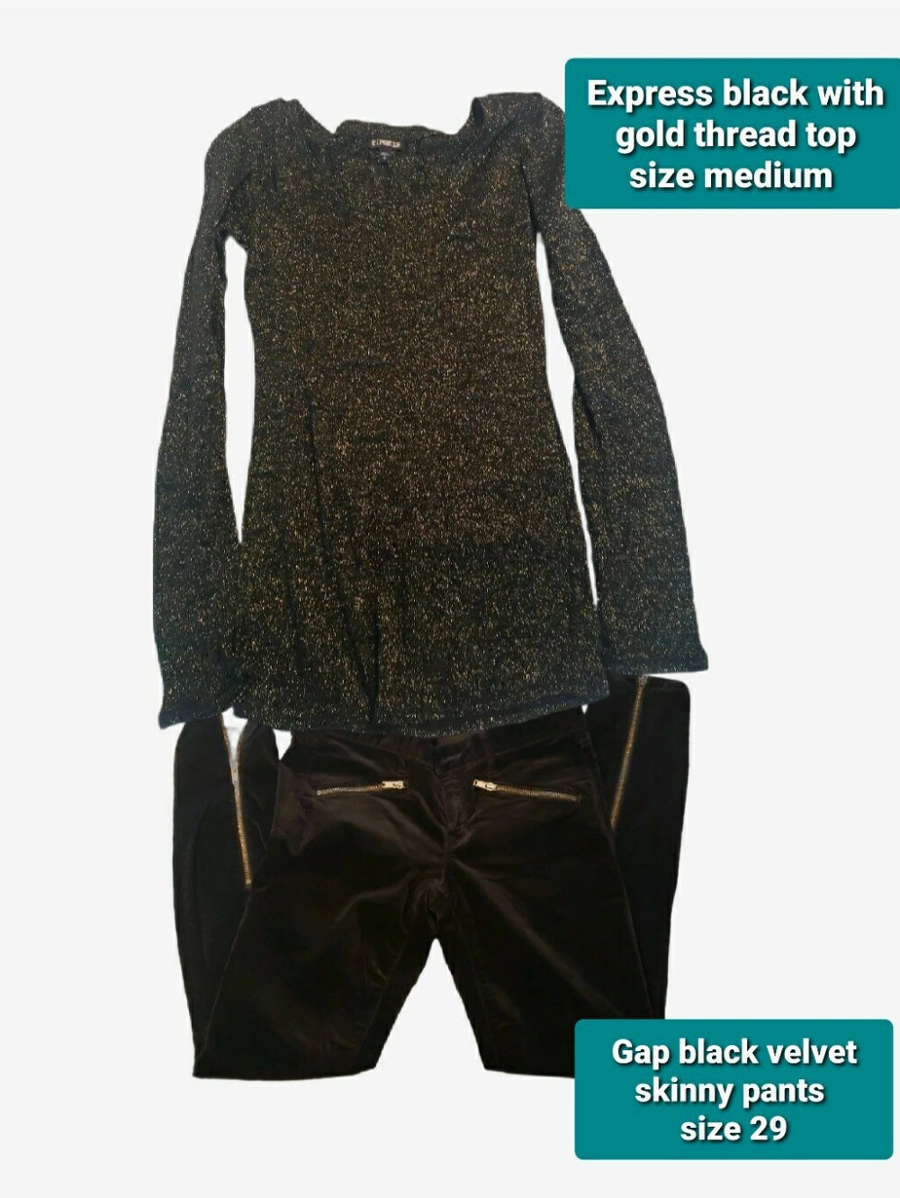 $20 Outfit Express Black Metallic Thread Long Sleeve Top And Pants